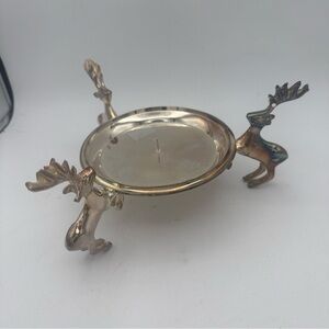 VTG  3 Deer Stag Brass Silverplate Candle Stand Holder 5” Diameter Made In India